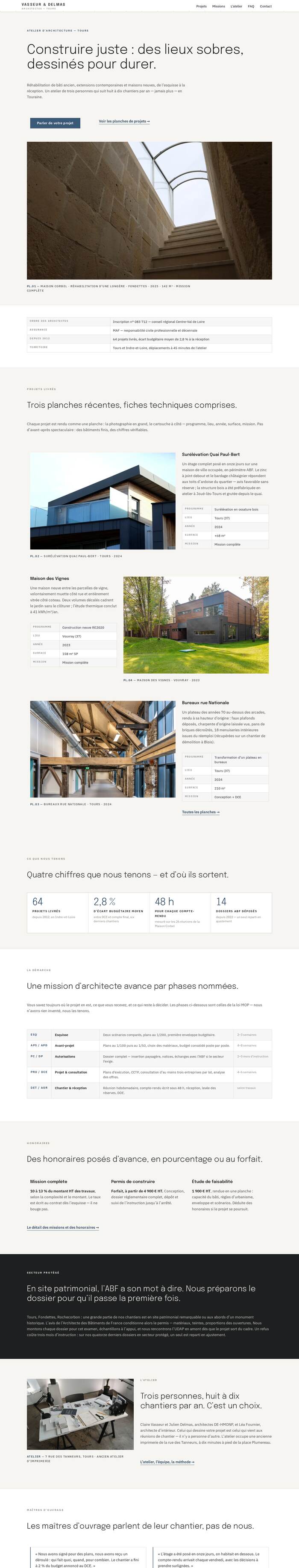 Page d'accueil entière du site Vasseur & Delmas (architecture), démonstration réalisée par maWebFactory