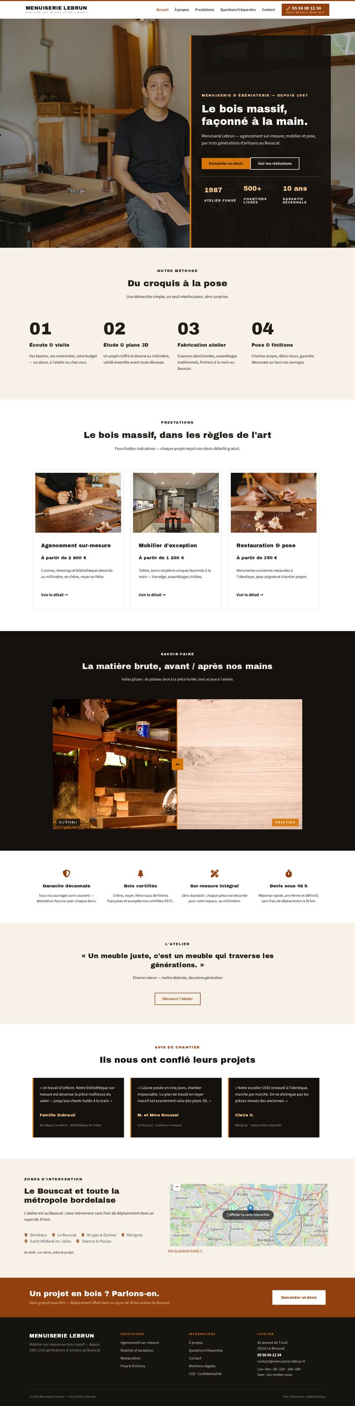 Page d'accueil entière du site Menuiserie Lebrun (artisan - btp), démonstration réalisée par maWebFactory