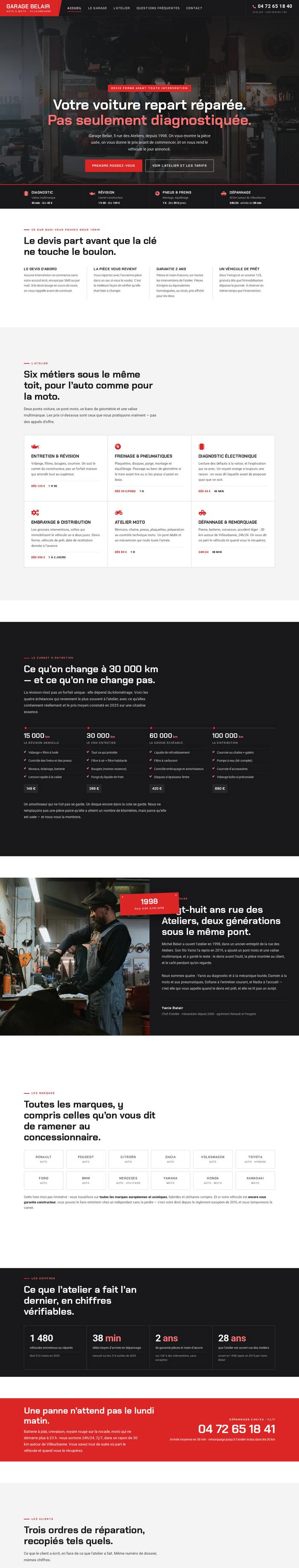 Page d'accueil entière du site Garage Belair (auto - moto), démonstration réalisée par maWebFactory