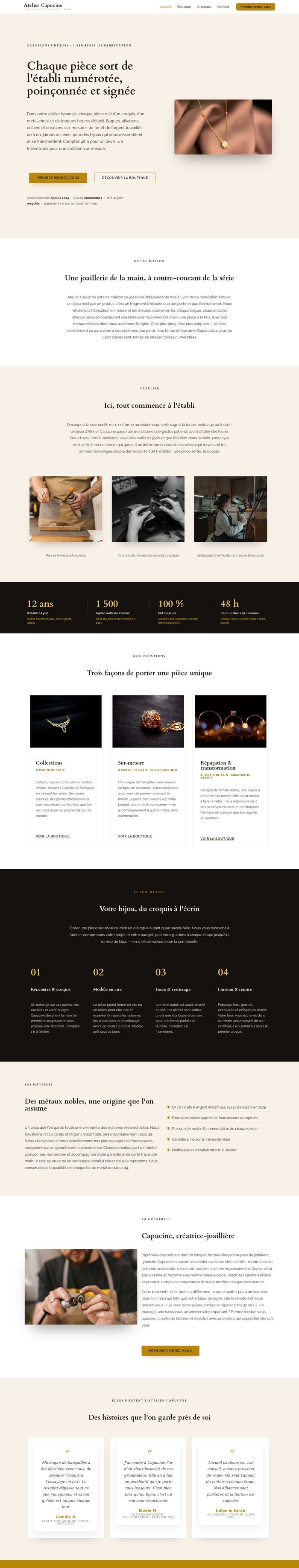 Page d'accueil entière du site Atelier Capucine (joaillerie), démonstration réalisée par maWebFactory