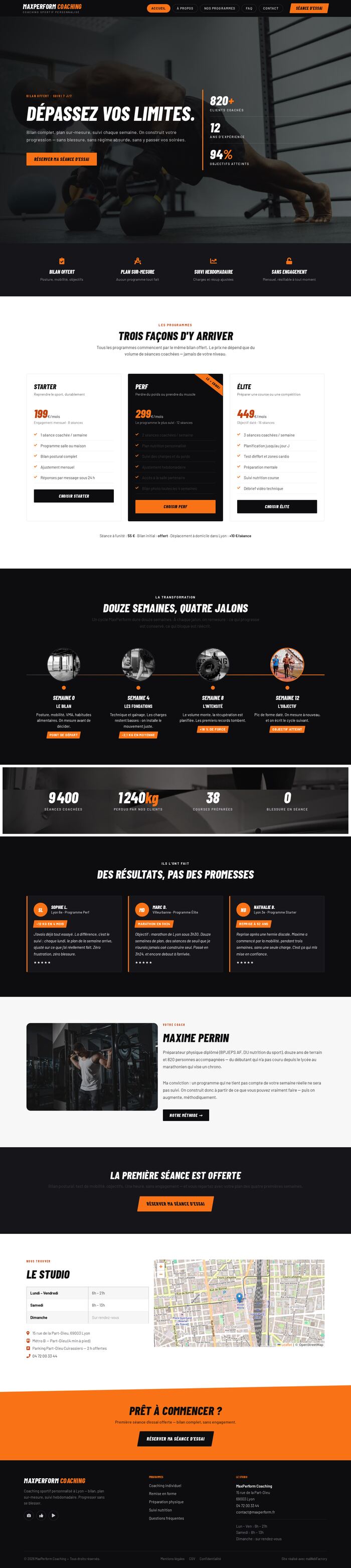 Page d'accueil entière du site MaxPerform Coaching (coach - sport), démonstration réalisée par maWebFactory