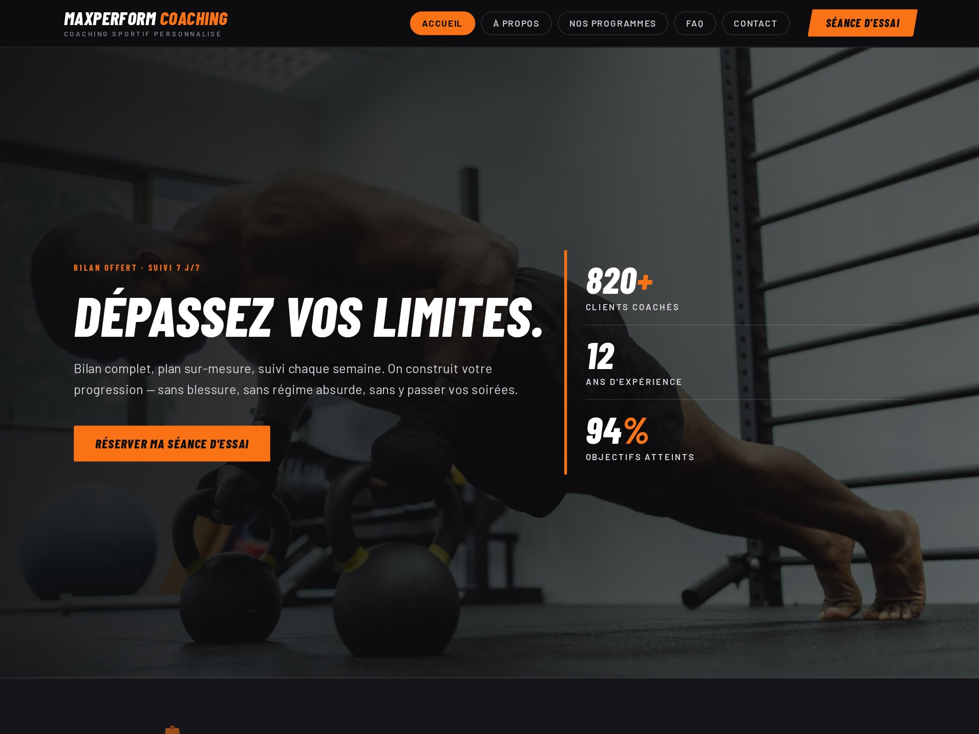 Site de coaching sportif MaxPerform Coaching, réalisé par maWebFactory