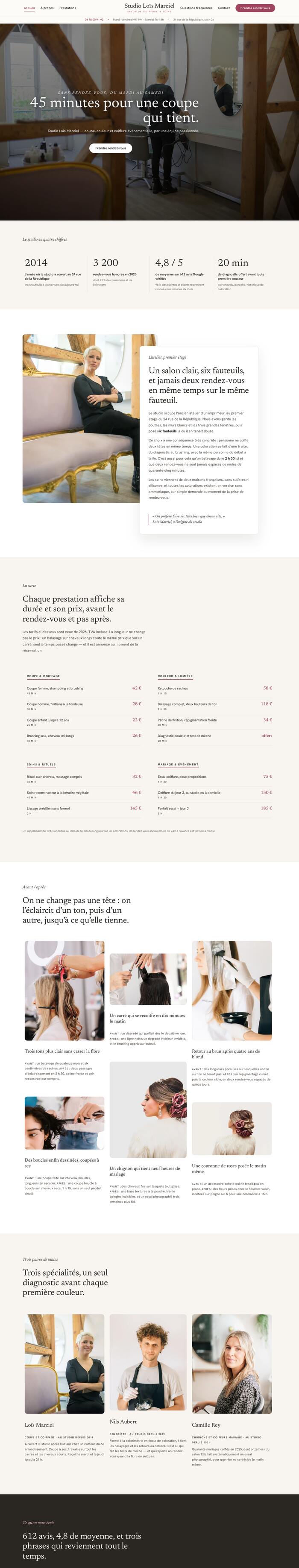 Page d'accueil entière du site Studio Loïs Marciel (coiffure - barbier), démonstration réalisée par maWebFactory