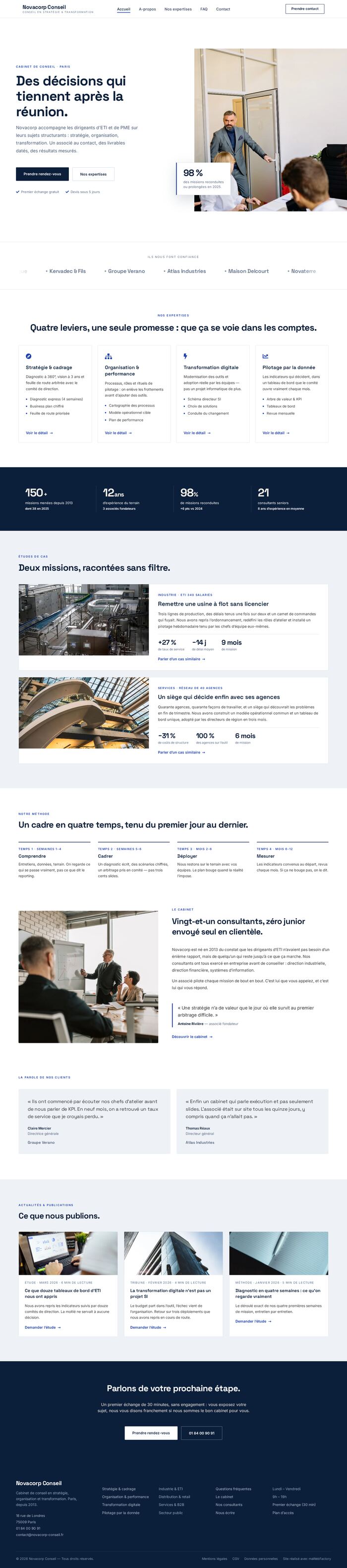 Page d'accueil entière du site Novacorp Conseil (conseil - corporate), démonstration réalisée par maWebFactory