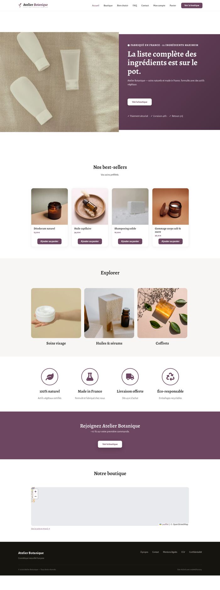 Page d'accueil entière du site Atelier Botanique (cosmétique), démonstration réalisée par maWebFactory