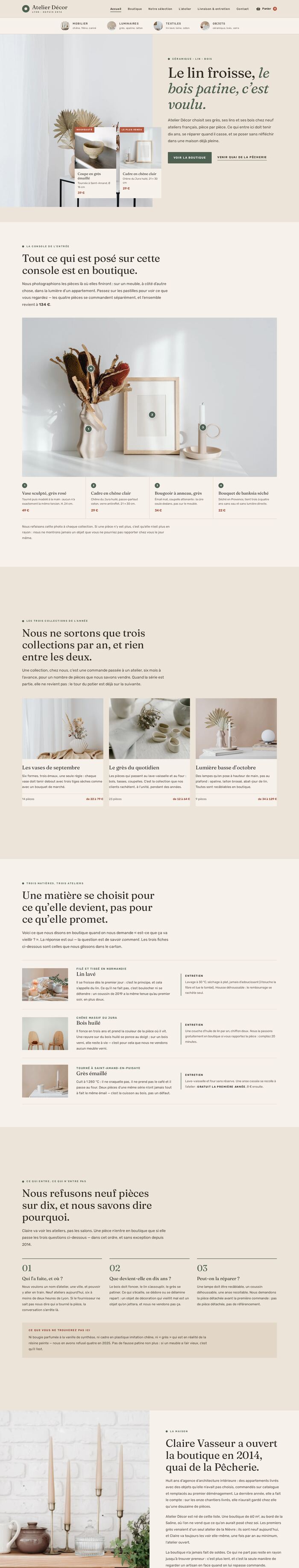 Page d'accueil entière du site Atelier Décor (déco - maison), démonstration réalisée par maWebFactory