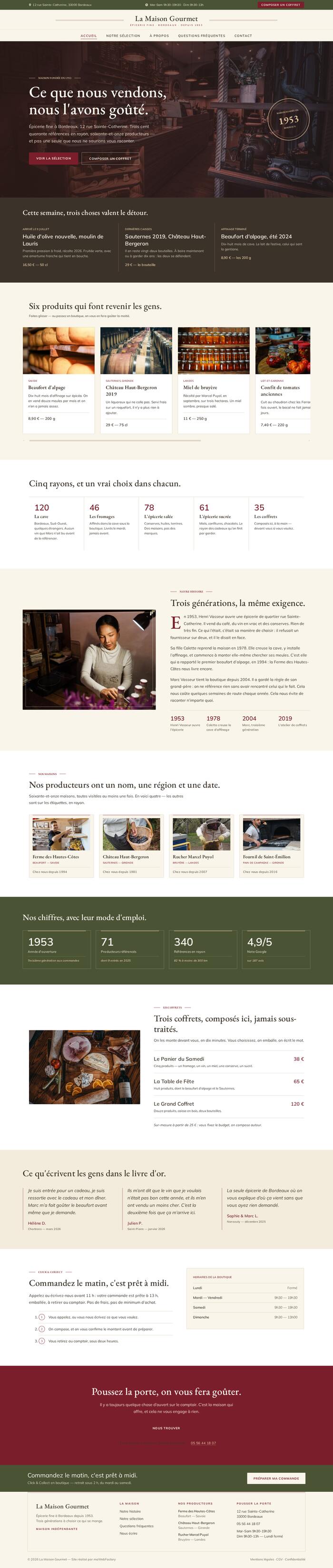 Page d'accueil entière du site La Maison Gourmet (epicerie fine), démonstration réalisée par maWebFactory