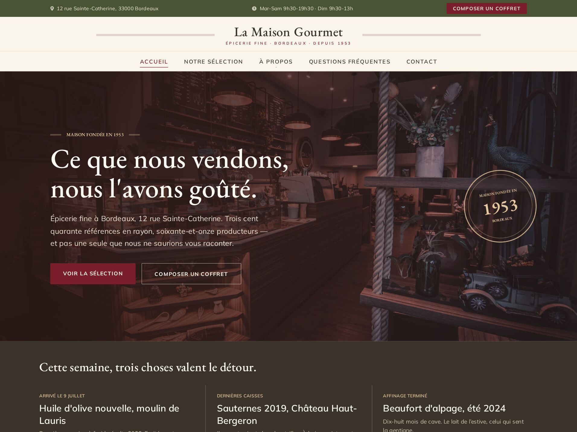 Site de l'épicerie fine La Maison Gourmet à Bordeaux, réalisé par maWebFactory