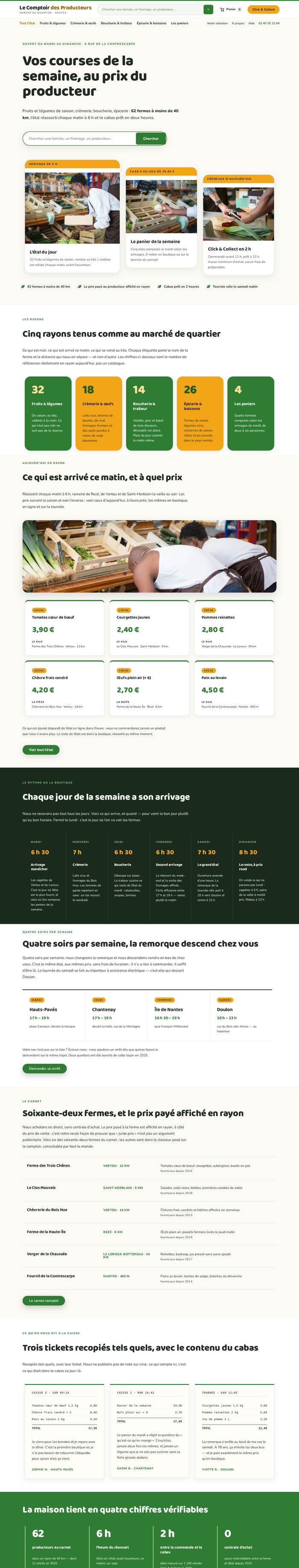 Page d'accueil entière du site Le Comptoir des Producteurs (épicerie), démonstration réalisée par maWebFactory