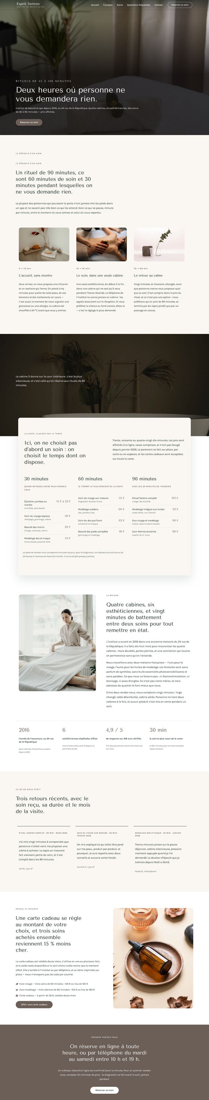 Page d'accueil entière du site Esprit Sereno (esthetique - spa), démonstration réalisée par maWebFactory