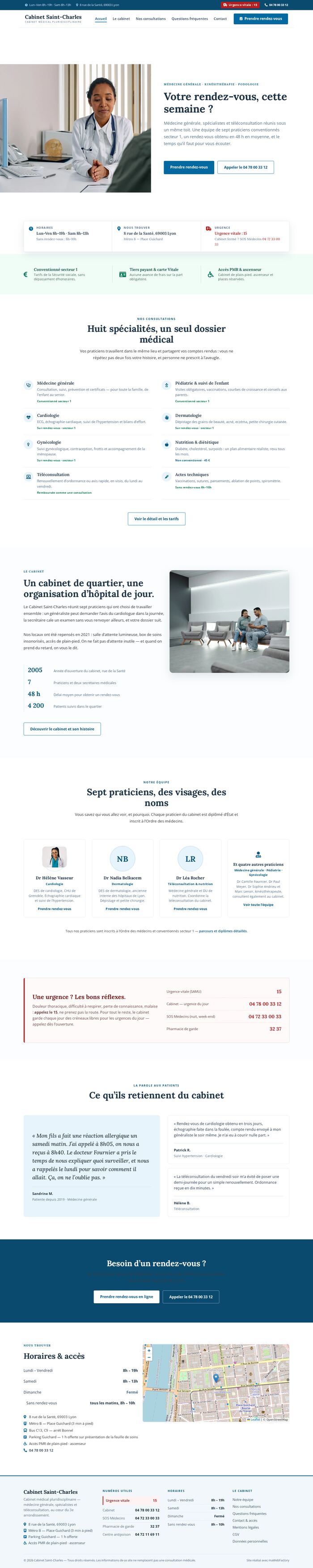 Page d'accueil entière du site Cabinet Saint-Charles (medical - sante), démonstration réalisée par maWebFactory