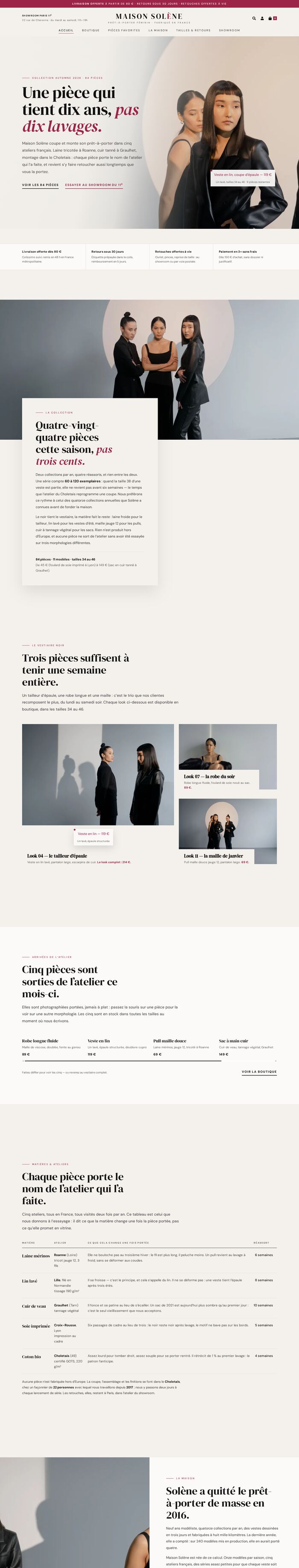 Page d'accueil entière du site Maison Solène (mode), démonstration réalisée par maWebFactory