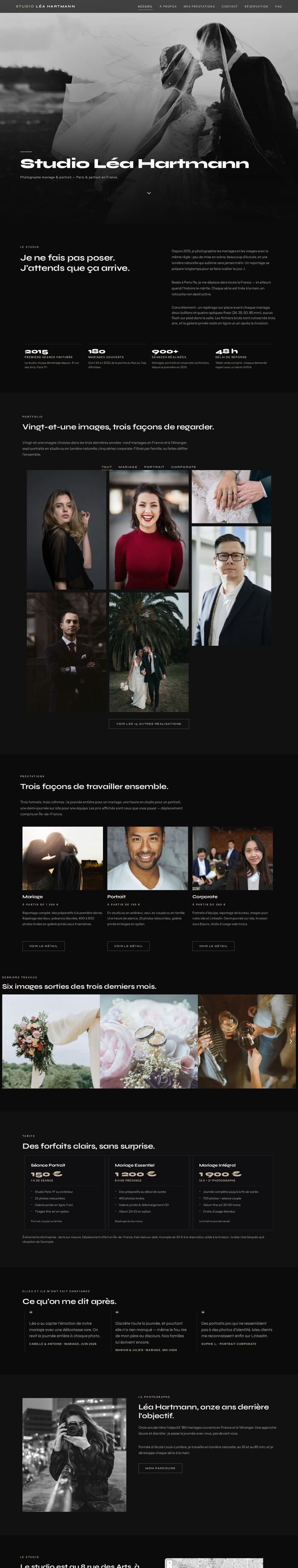 Page d'accueil entière du site Studio Léa Hartmann (photographe), démonstration réalisée par maWebFactory