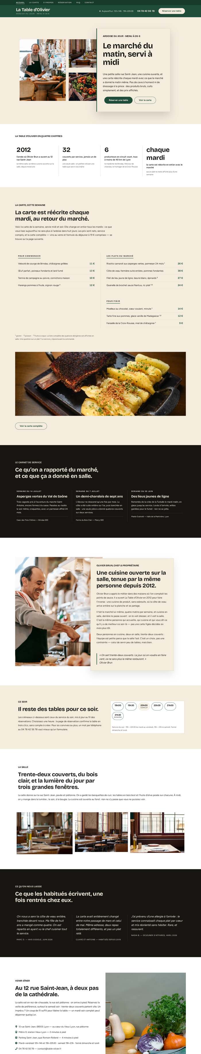Page d'accueil entière du site La Table d'Olivier (restaurant), démonstration réalisée par maWebFactory