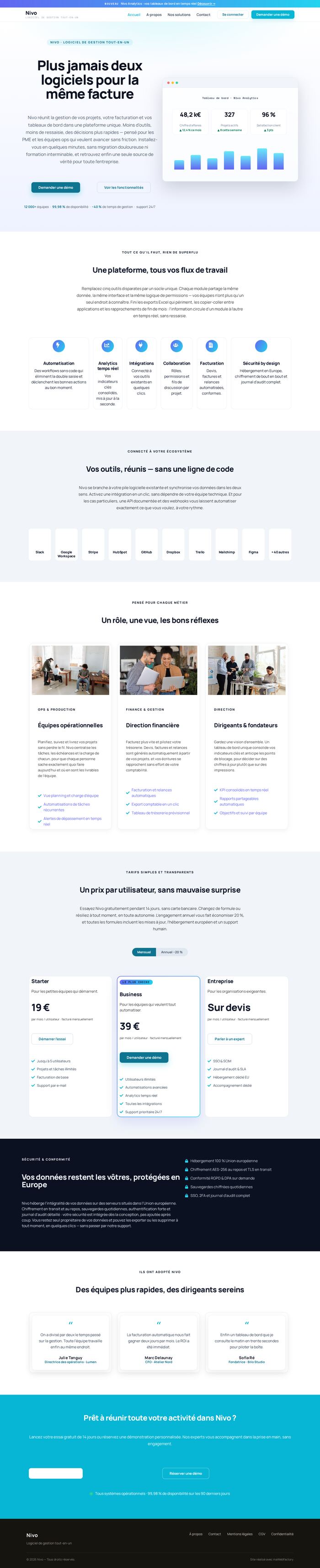 Page d'accueil entière du site Nivo (tech - saas), démonstration réalisée par maWebFactory